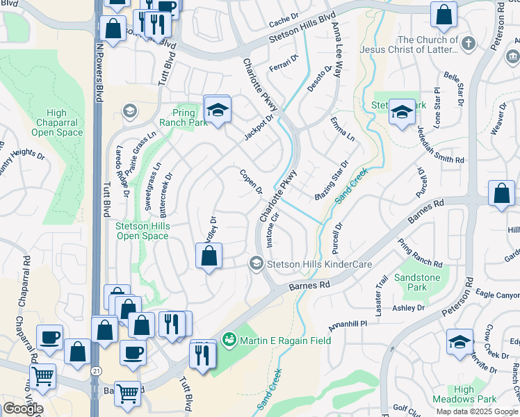 map of restaurants, bars, coffee shops, grocery stores, and more near 4794 Ardley Drive in Colorado Springs
