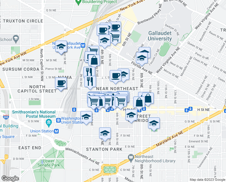 map of restaurants, bars, coffee shops, grocery stores, and more near 507 K Street Northeast in Washington