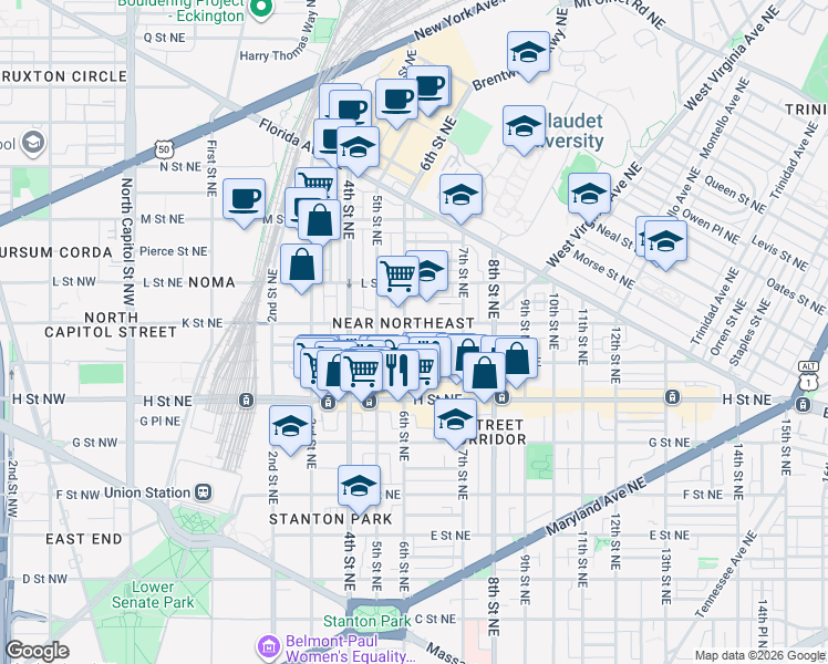 map of restaurants, bars, coffee shops, grocery stores, and more near 101 Independence Avenue Southeast in Washington