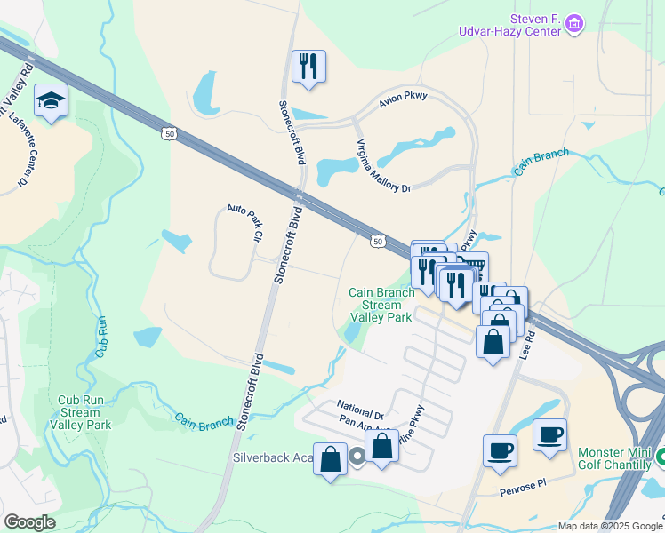 map of restaurants, bars, coffee shops, grocery stores, and more near 3997 Westfax Drive in Chantilly