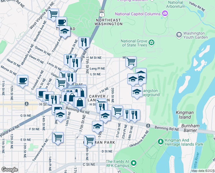 map of restaurants, bars, coffee shops, grocery stores, and more near 101 Independence Avenue Southeast in Washington