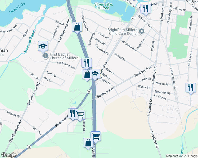 map of restaurants, bars, coffee shops, grocery stores, and more near 906 Lakeview Avenue in Milford