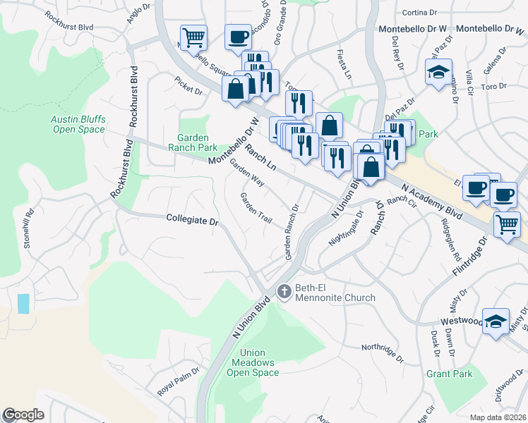 map of restaurants, bars, coffee shops, grocery stores, and more near 2527 Garden Way in Colorado Springs