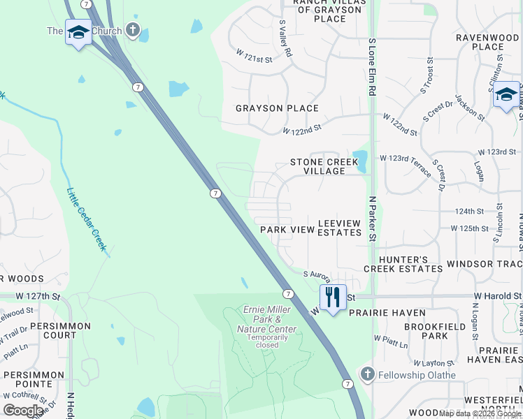 map of restaurants, bars, coffee shops, grocery stores, and more near 22054 West 124th Place in Olathe