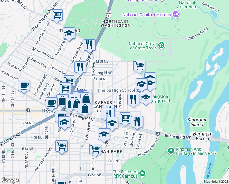 map of restaurants, bars, coffee shops, grocery stores, and more near 101 Independence Avenue Southeast in Washington