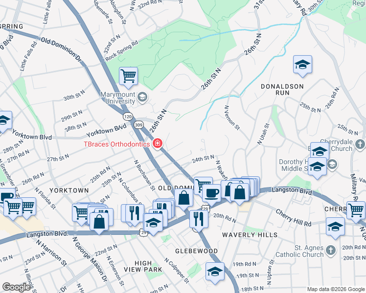 map of restaurants, bars, coffee shops, grocery stores, and more near 4674 25th Street North in Arlington
