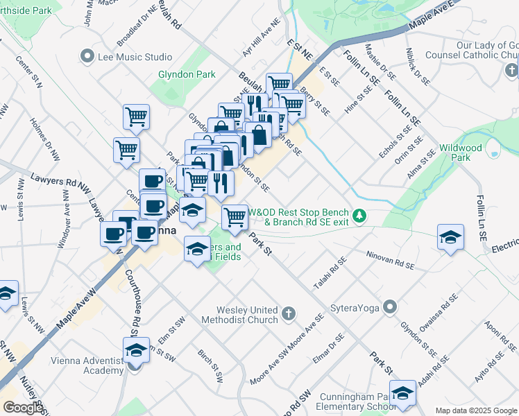 map of restaurants, bars, coffee shops, grocery stores, and more near 204 Park Terrace Court Southeast in Vienna