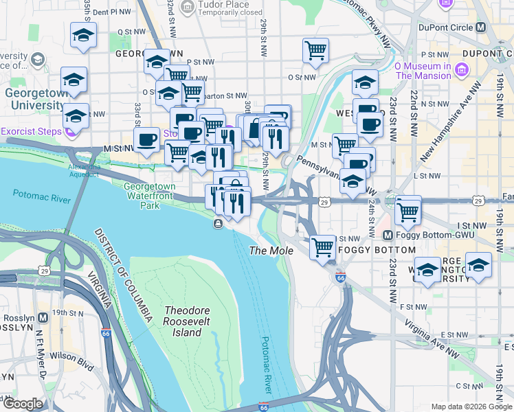 map of restaurants, bars, coffee shops, grocery stores, and more near 2900 K Street Northwest in Washington