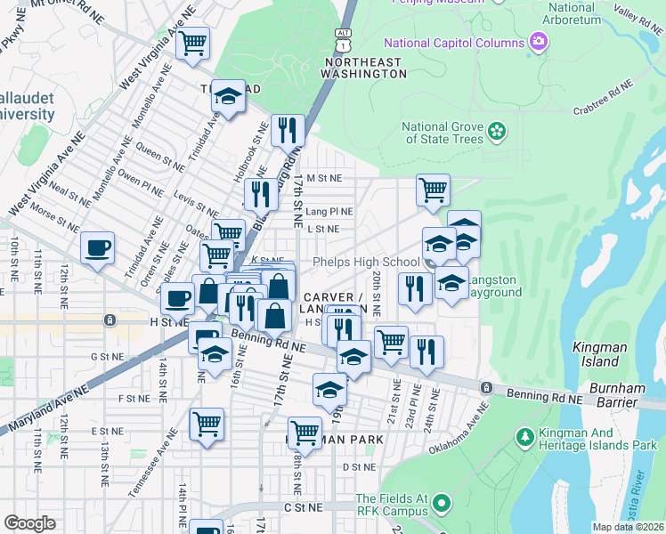 map of restaurants, bars, coffee shops, grocery stores, and more near 101 Independence Avenue Southeast in Washington