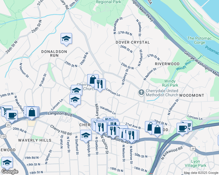 map of restaurants, bars, coffee shops, grocery stores, and more near 2354 North Quebec Street in Arlington