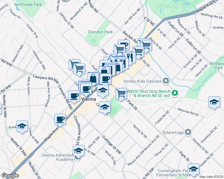 map of restaurants, bars, coffee shops, grocery stores, and more near 133 Park Street in Vienna