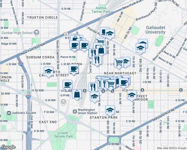 map of restaurants, bars, coffee shops, grocery stores, and more near 101 Independence Avenue Southeast in Washington