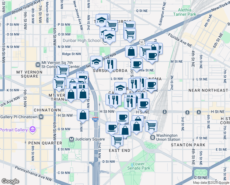 map of restaurants, bars, coffee shops, grocery stores, and more near 72 K Street Northwest in Washington