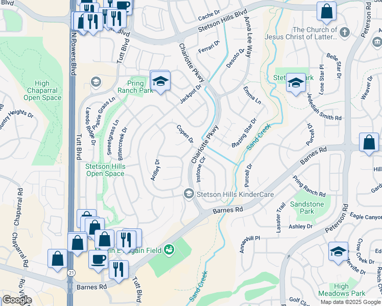 map of restaurants, bars, coffee shops, grocery stores, and more near 4794 Ardley Drive in Colorado Springs