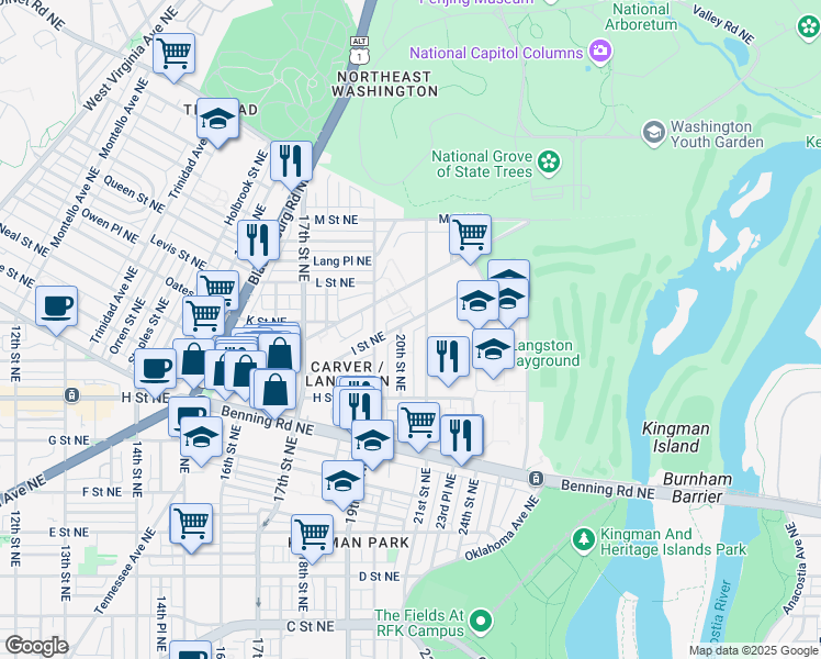map of restaurants, bars, coffee shops, grocery stores, and more near 101 Independence Avenue Southeast in Washington