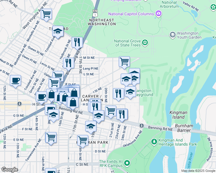 map of restaurants, bars, coffee shops, grocery stores, and more near 101 Independence Avenue Southeast in Washington