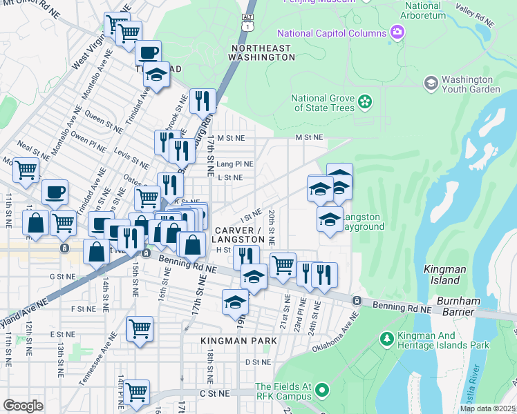 map of restaurants, bars, coffee shops, grocery stores, and more near 101 Independence Avenue Southeast in Washington