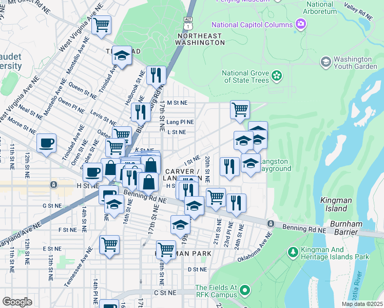 map of restaurants, bars, coffee shops, grocery stores, and more near 101 Independence Avenue Southeast in Washington