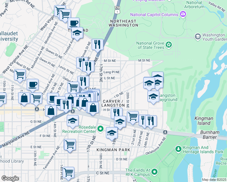 map of restaurants, bars, coffee shops, grocery stores, and more near 101 Independence Avenue Southeast in Washington