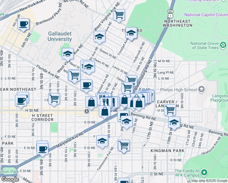 map of restaurants, bars, coffee shops, grocery stores, and more near 101 Independence Avenue Southeast in Washington