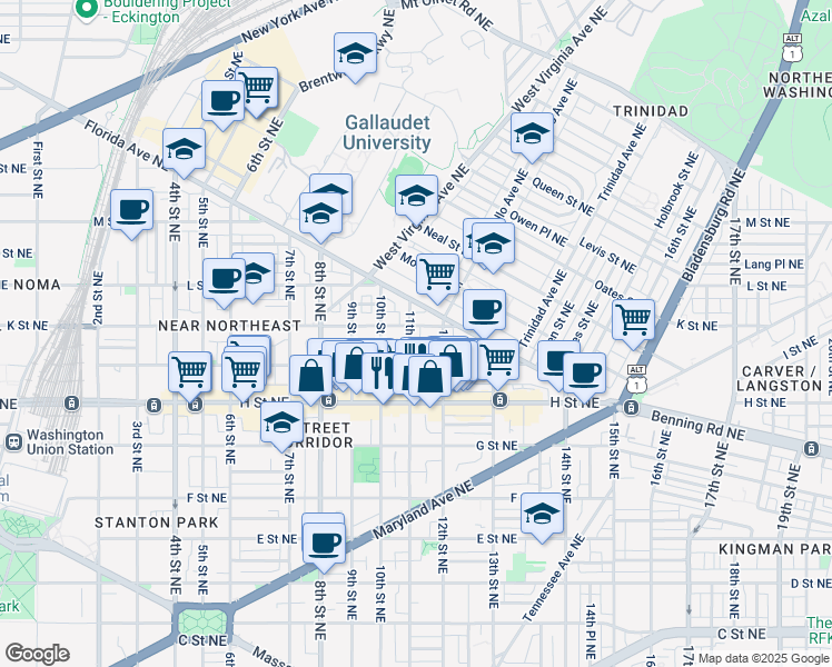 map of restaurants, bars, coffee shops, grocery stores, and more near 101 Independence Avenue Southeast in Washington