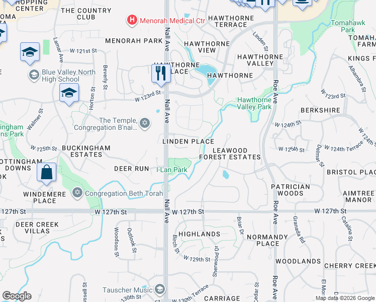 map of restaurants, bars, coffee shops, grocery stores, and more near 5303 West 124th Court in Leawood