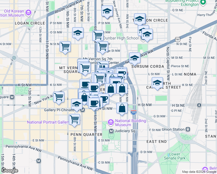 map of restaurants, bars, coffee shops, grocery stores, and more near 101 Independence Avenue Southeast in Washington