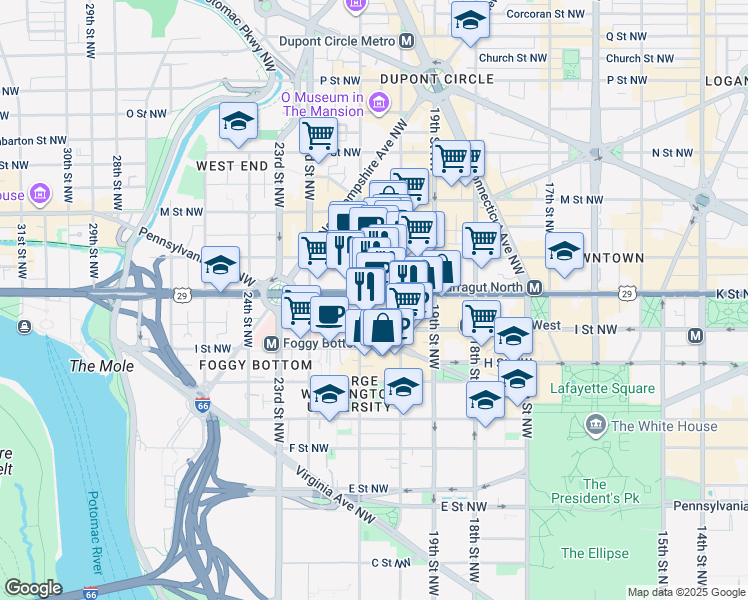 map of restaurants, bars, coffee shops, grocery stores, and more near 2020 K Street Northwest in Washington