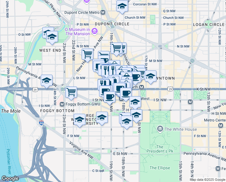 map of restaurants, bars, coffee shops, grocery stores, and more near 1875 I Street Northwest in Washington