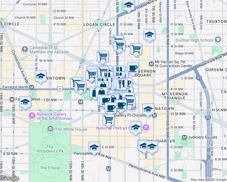 map of restaurants, bars, coffee shops, grocery stores, and more near 1150 K Street Northwest in Washington