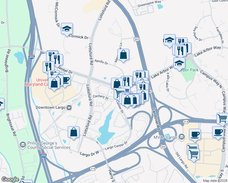 map of restaurants, bars, coffee shops, grocery stores, and more near 9701 Summit Circle in Upper Marlboro