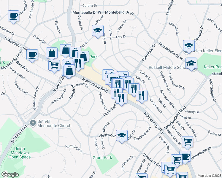 map of restaurants, bars, coffee shops, grocery stores, and more near 4845 North Academy Boulevard in Colorado Springs
