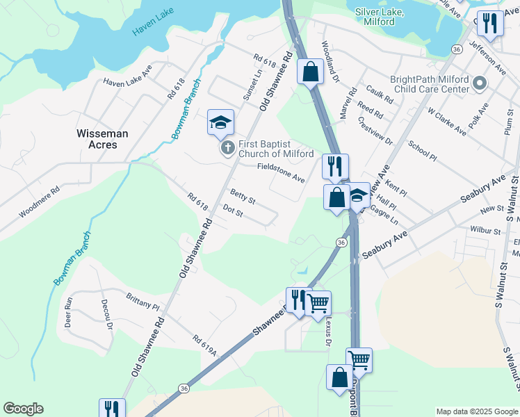 map of restaurants, bars, coffee shops, grocery stores, and more near 5688 Betty Street in Milford
