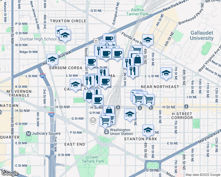 map of restaurants, bars, coffee shops, grocery stores, and more near 101 K Street Northwest in Washington