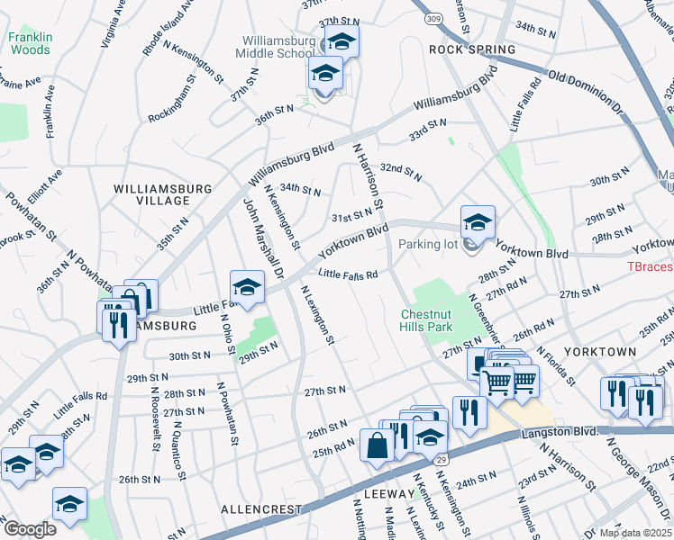 map of restaurants, bars, coffee shops, grocery stores, and more near 5709 Little Falls Road in Arlington