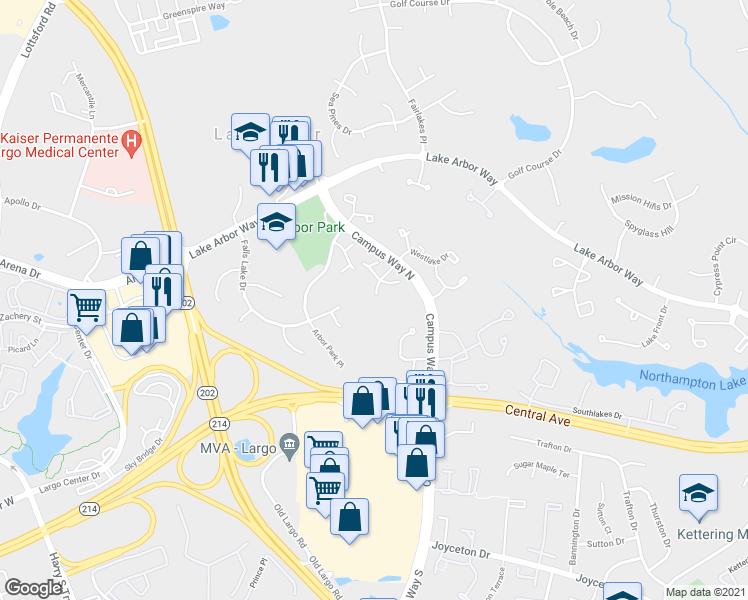 map of restaurants, bars, coffee shops, grocery stores, and more near 908 Westhaven Drive in Bowie