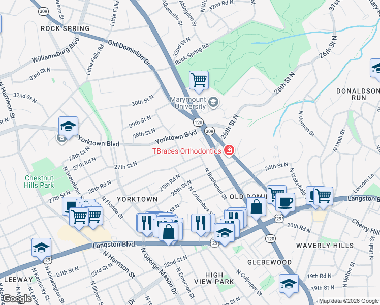 map of restaurants, bars, coffee shops, grocery stores, and more near 4836 26th Road North in Arlington