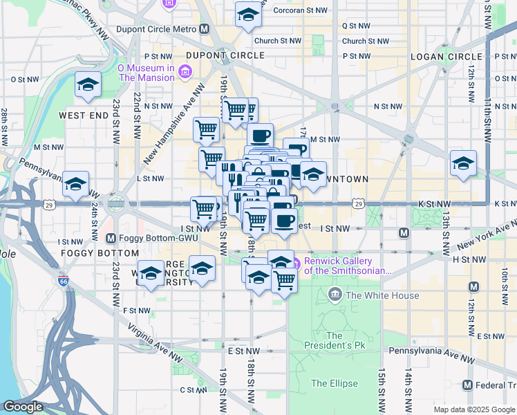 map of restaurants, bars, coffee shops, grocery stores, and more near 1776 K Street Northwest in Washington