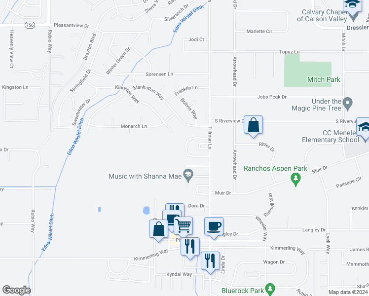 map of restaurants, bars, coffee shops, grocery stores, and more near 1283 Redwood Circle in Gardnerville