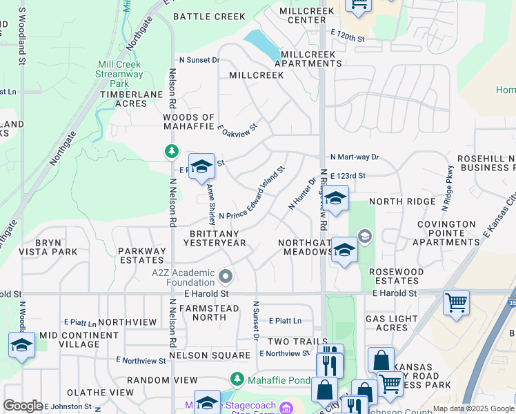 map of restaurants, bars, coffee shops, grocery stores, and more near 1416 North Prince Edward Island in Olathe