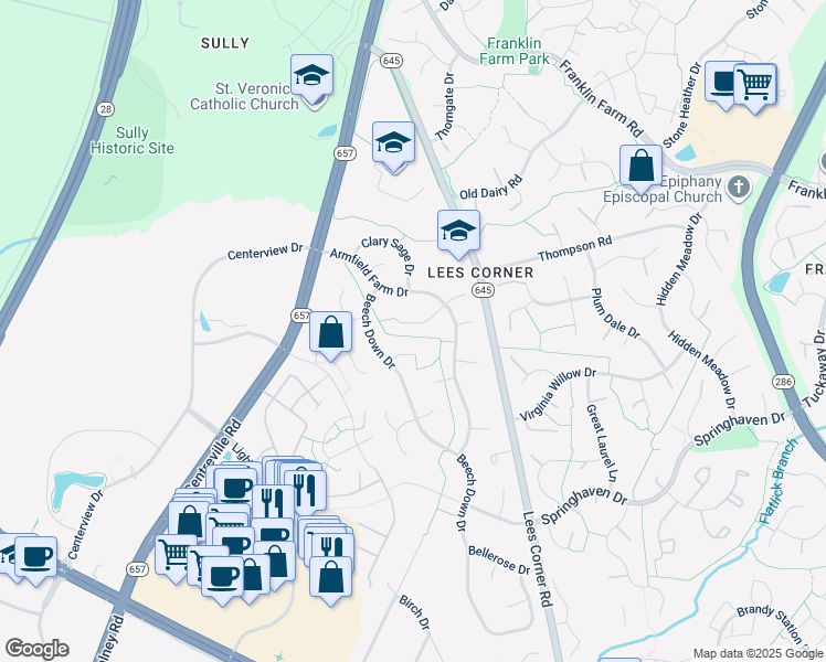 map of restaurants, bars, coffee shops, grocery stores, and more near 13623 Old Chatwood Place in Chantilly