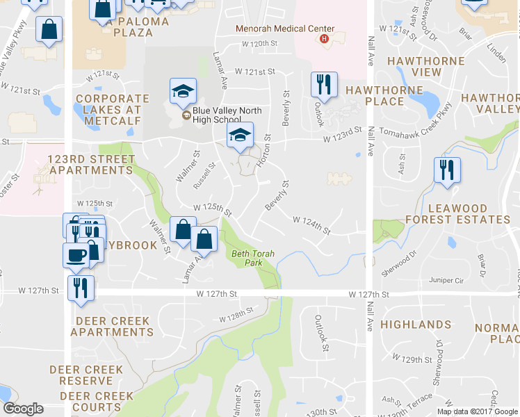 map of restaurants, bars, coffee shops, grocery stores, and more near 12416 Beverly Street in Leawood