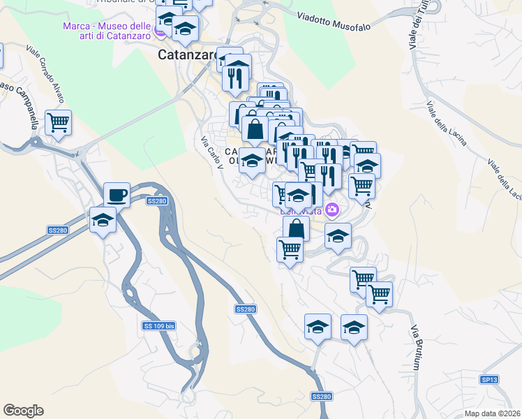 map of restaurants, bars, coffee shops, grocery stores, and more near 140 Via Gaspare Colosimo in Catanzaro
