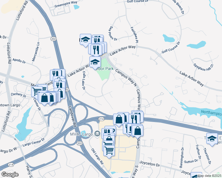 map of restaurants, bars, coffee shops, grocery stores, and more near 603 Falls Lake Drive in Mitchellville