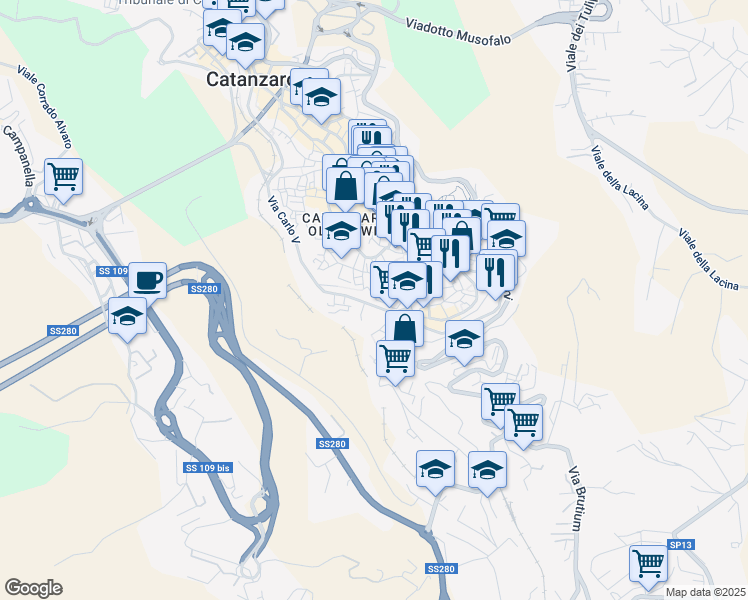 map of restaurants, bars, coffee shops, grocery stores, and more near 14 Via Filanda in Catanzaro