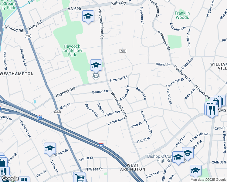 map of restaurants, bars, coffee shops, grocery stores, and more near 2201 Westmoreland Street in Falls Church