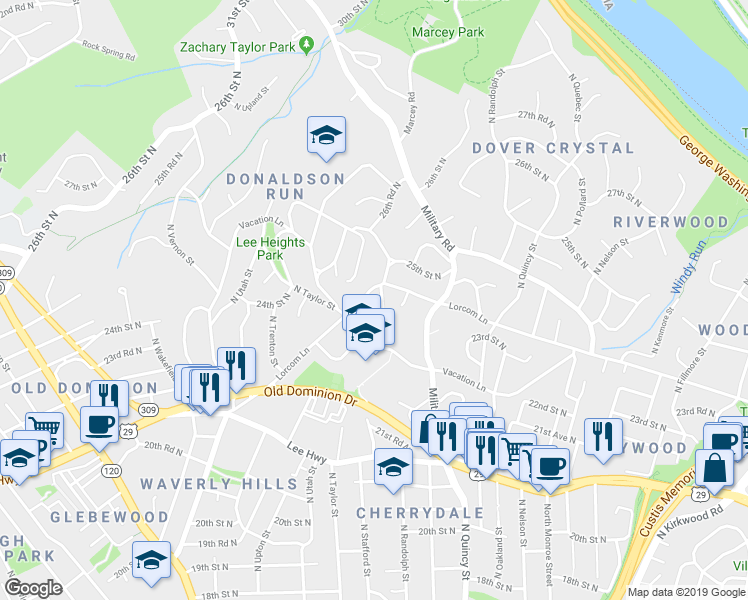 map of restaurants, bars, coffee shops, grocery stores, and more near 4116 Lorcom Lane in Arlington
