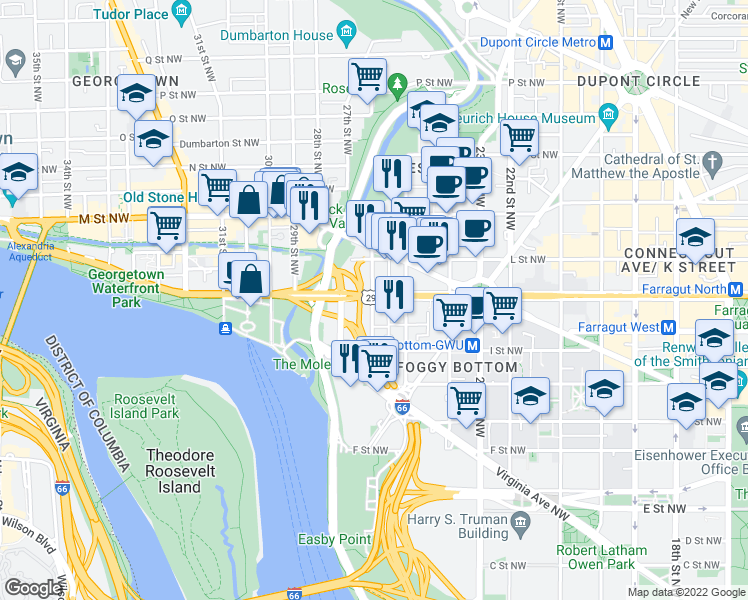 map of restaurants, bars, coffee shops, grocery stores, and more near K Street Northwest & 26th Street Northwest in Washington