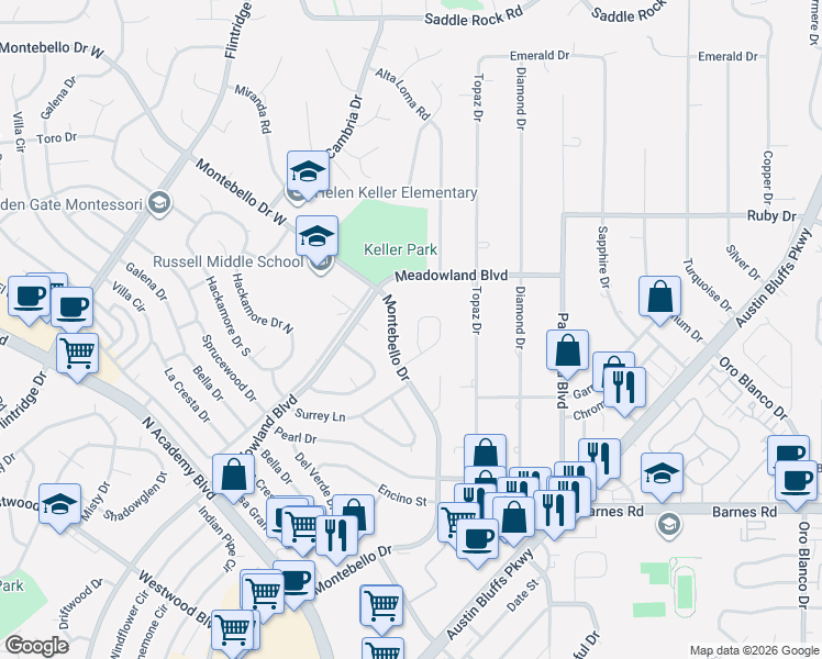 map of restaurants, bars, coffee shops, grocery stores, and more near 4941 Del Sol Road in Colorado Springs