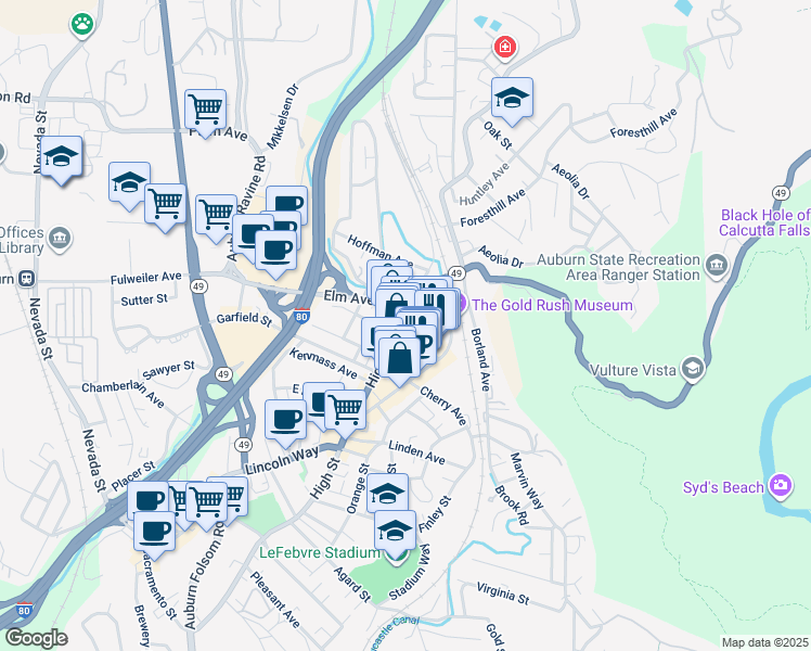 map of restaurants, bars, coffee shops, grocery stores, and more near 605 High Street in Auburn